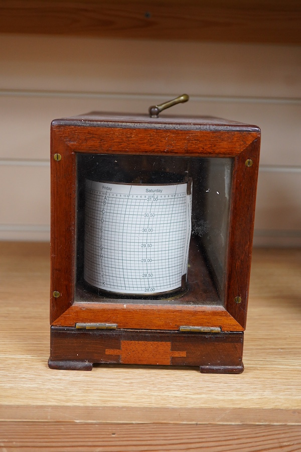 A late 19th century mahogany cased barograph by Wilson, Warden & Co. Ltd., London, No.4839/45, with hinged lid and integrated pen drawer to the base, 32cm wide, 20cm high, 16cm deep